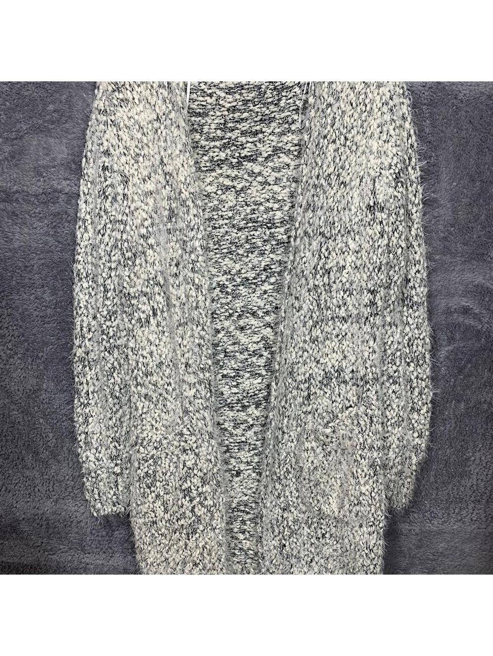 Alya Women's Long Open Front Cardigan Size S Gray Black Fuzzy Knit Pockets Style